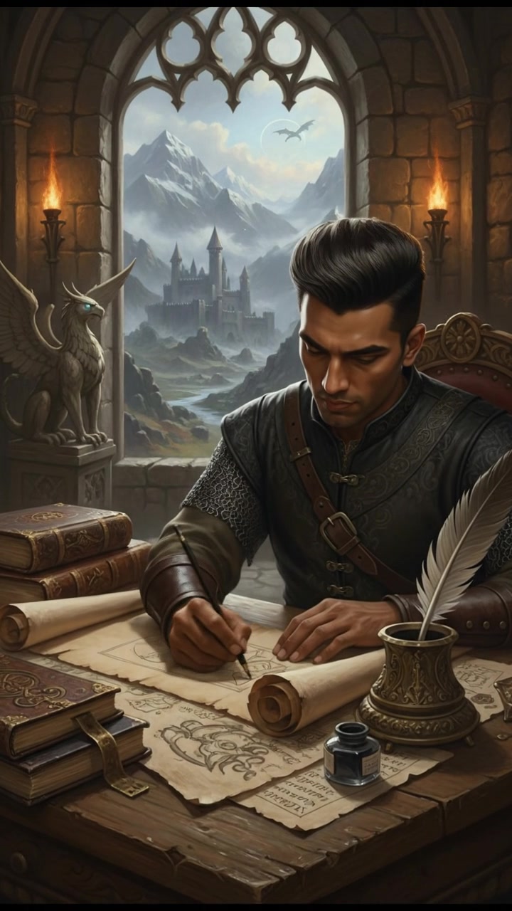 A close-up of Arjun using a pencil at a desk, with books and papers scattered around.