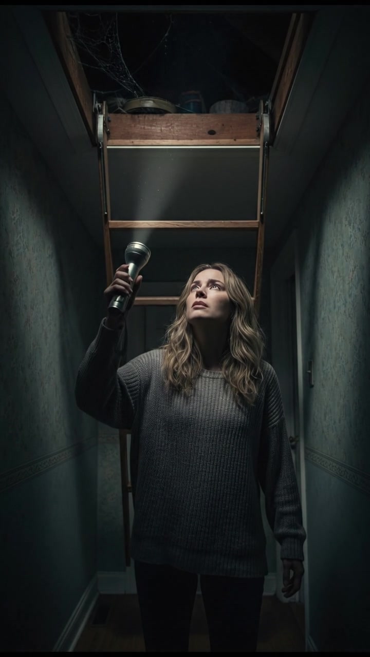 Ashley with a flashlight, looking up towards the attic with fear.