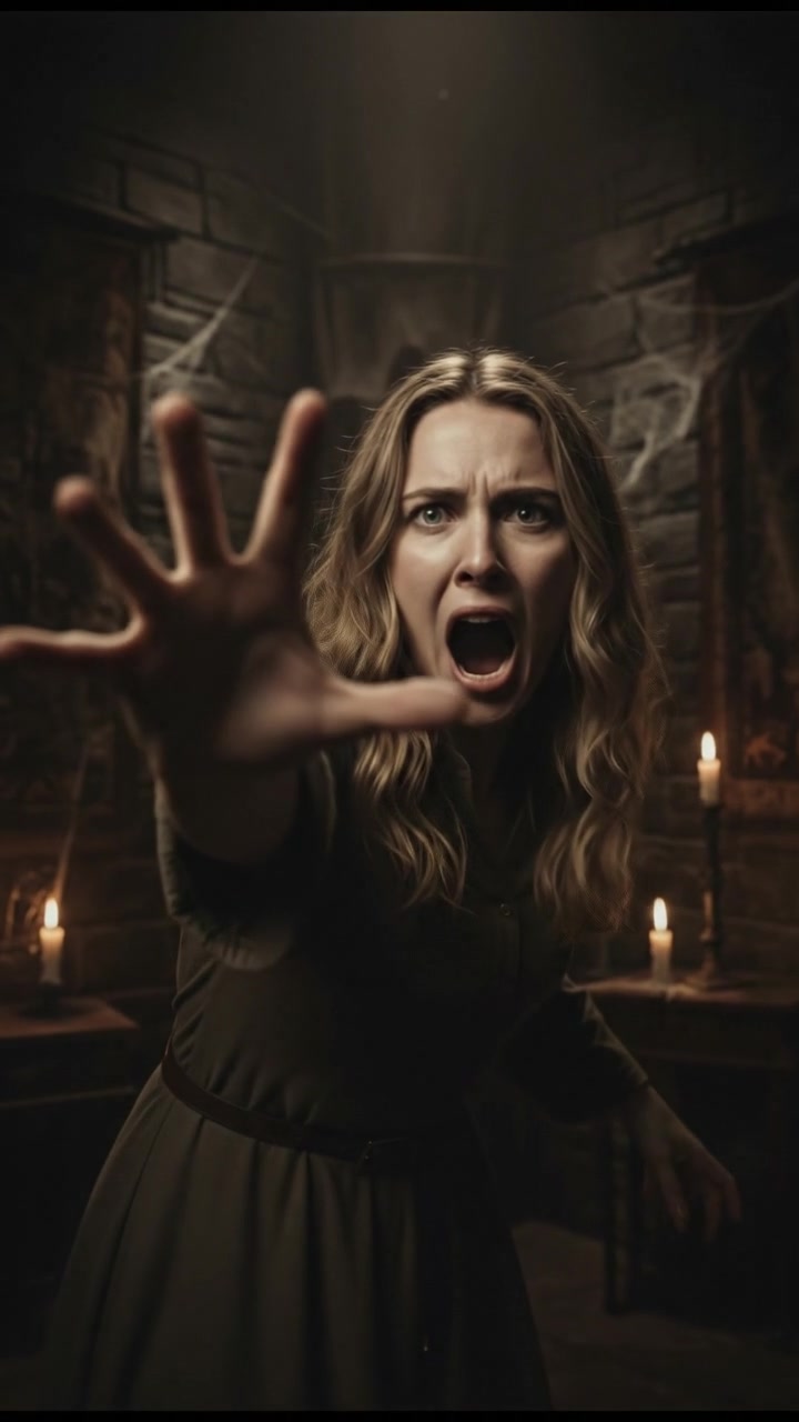 Ashley screams, her face showing sheer terror, as she reaches out.