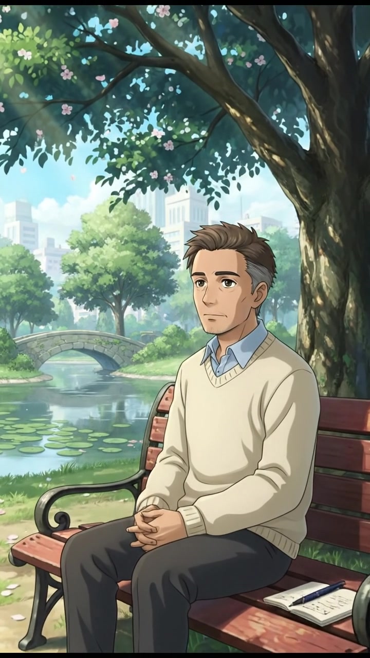 A peaceful park with trees and a bench, where Omar sits contemplating with a thoughtful expression.