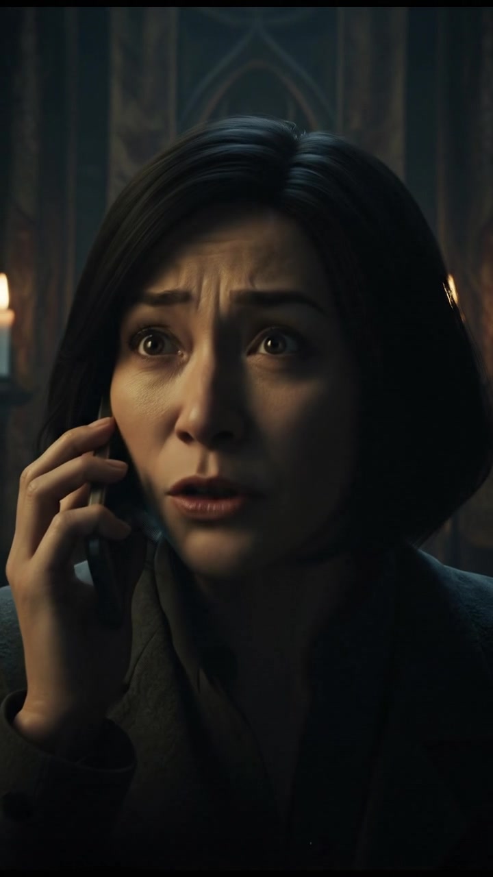 A close-up of Li's anxious face as she speaks into the phone.