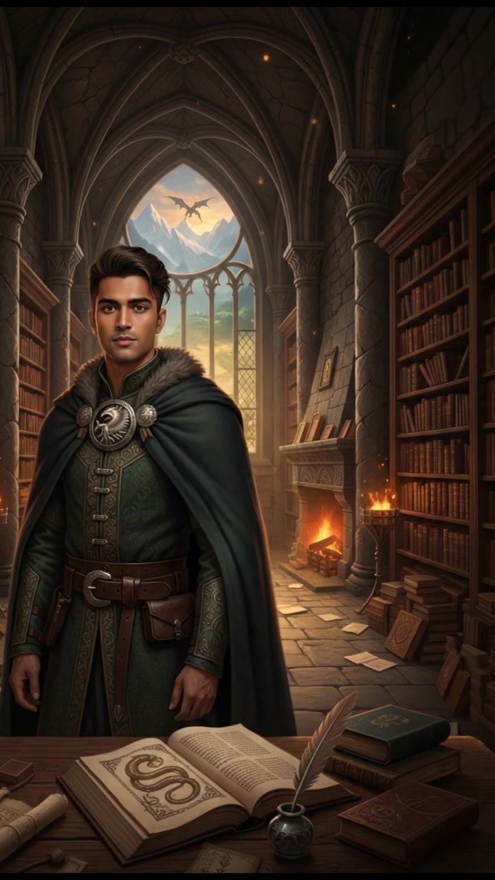 Arjun stands inside a room filled with shelves of old books.