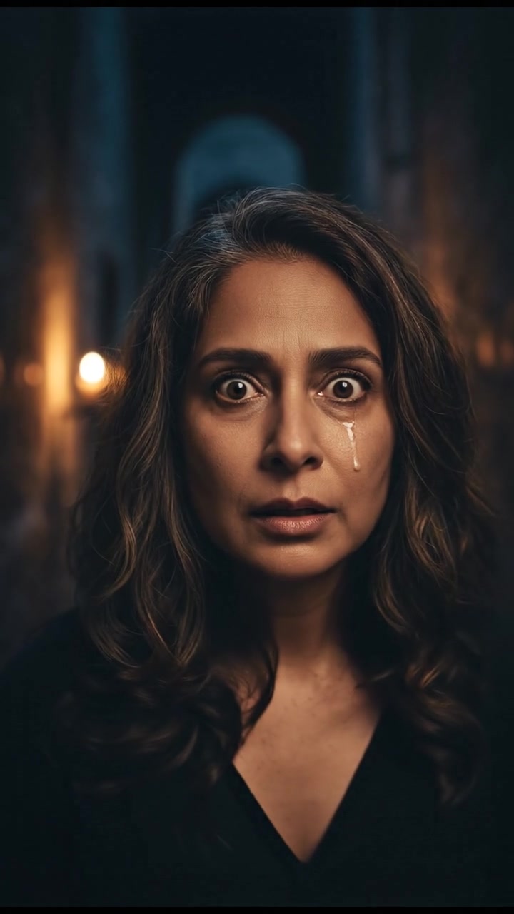 A close-up of Asha's shocked expression as she whispers something to herself in a dimly lit corridor.