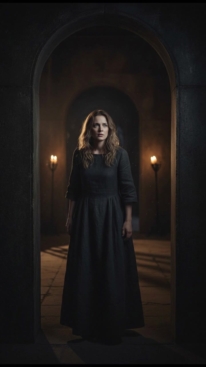 Ashley standing at the entrance of the room, looking cautiously inside.