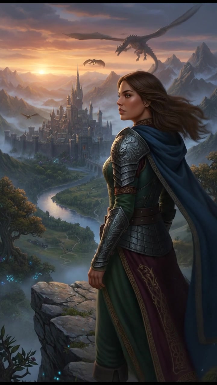 A beautiful landscape depicting Priya standing on a cliff, gazing at the horizon with a hopeful expression.