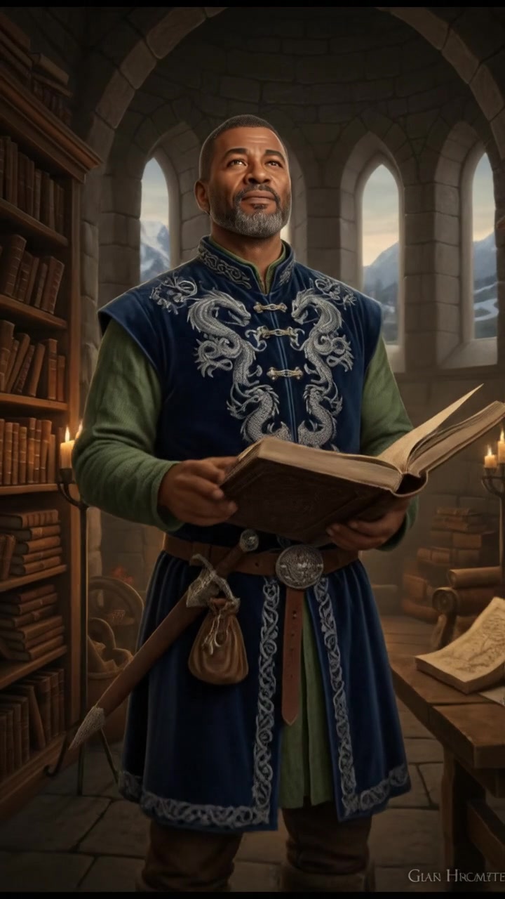 The Kwame stands in a cozy library, holding an open book, surrounded by shelves filled with books.