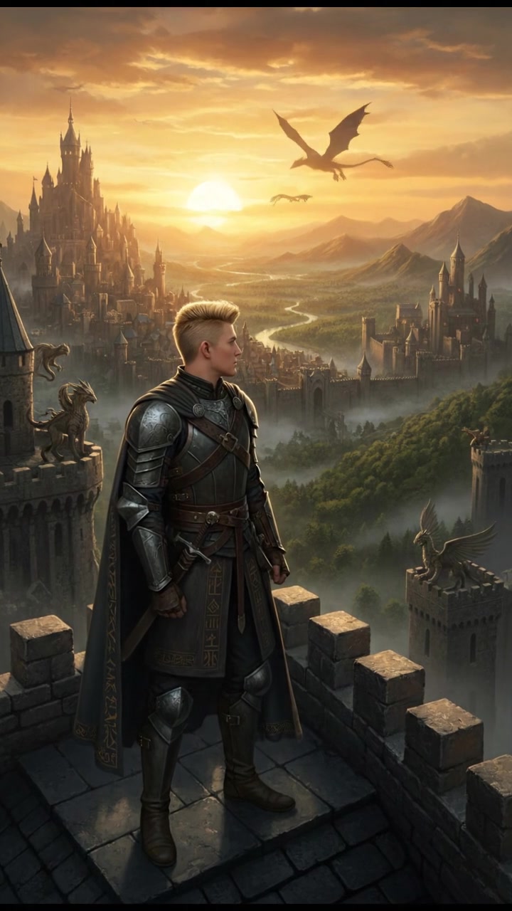 Ryan gazing at a sunrise from a rooftop, with the city skyline in the background.