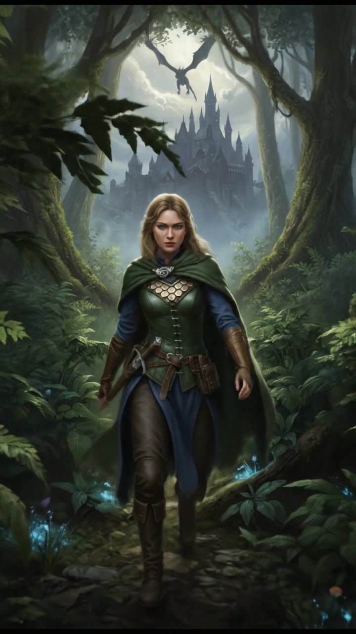 Ashley standing at the edge of a dense forest, pushing through thick, green foliage.