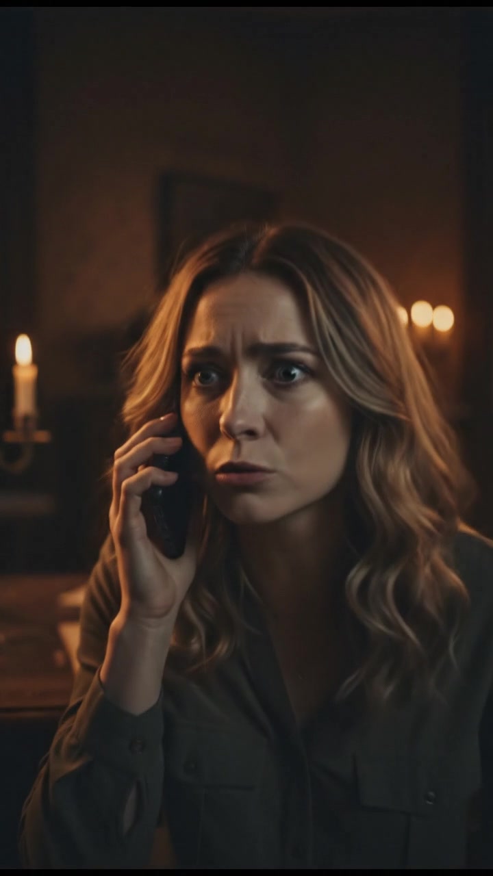 A dimly lit room where Ashley talks urgently into the phone, her eyes wide with panic.