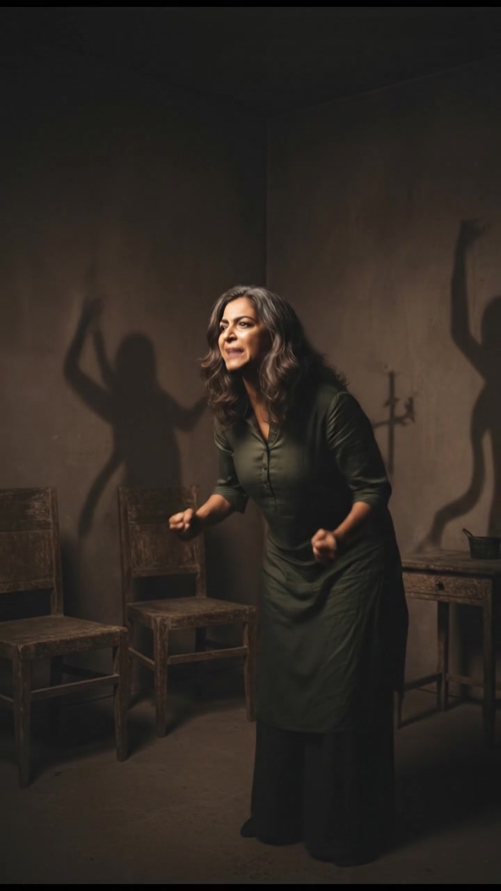 Asha stands in a dimly lit room, shouting towards an empty corner, shadows looming around her.