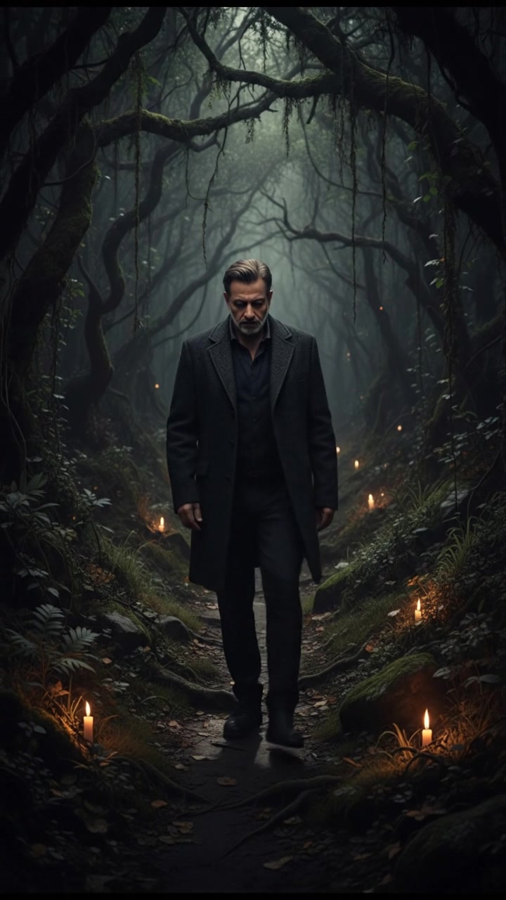 Omar walking along a path, surrounded by lush greenery, gazing thoughtfully at the ground.