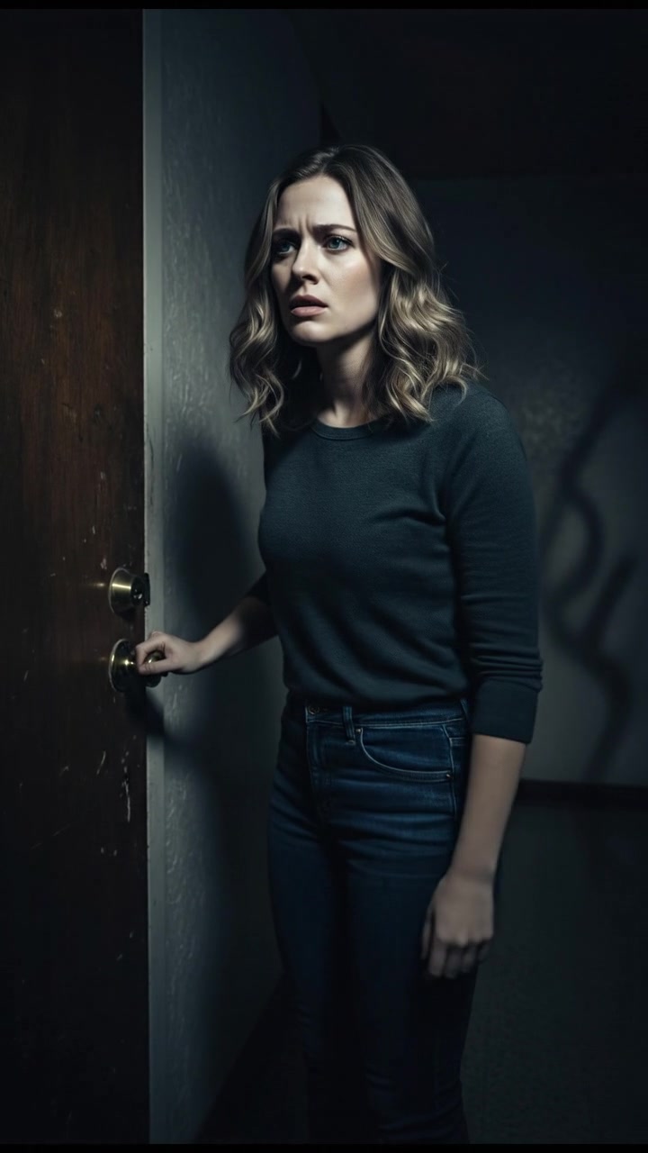 Ashley reaches her apartment door, anxiety visible on her face.
