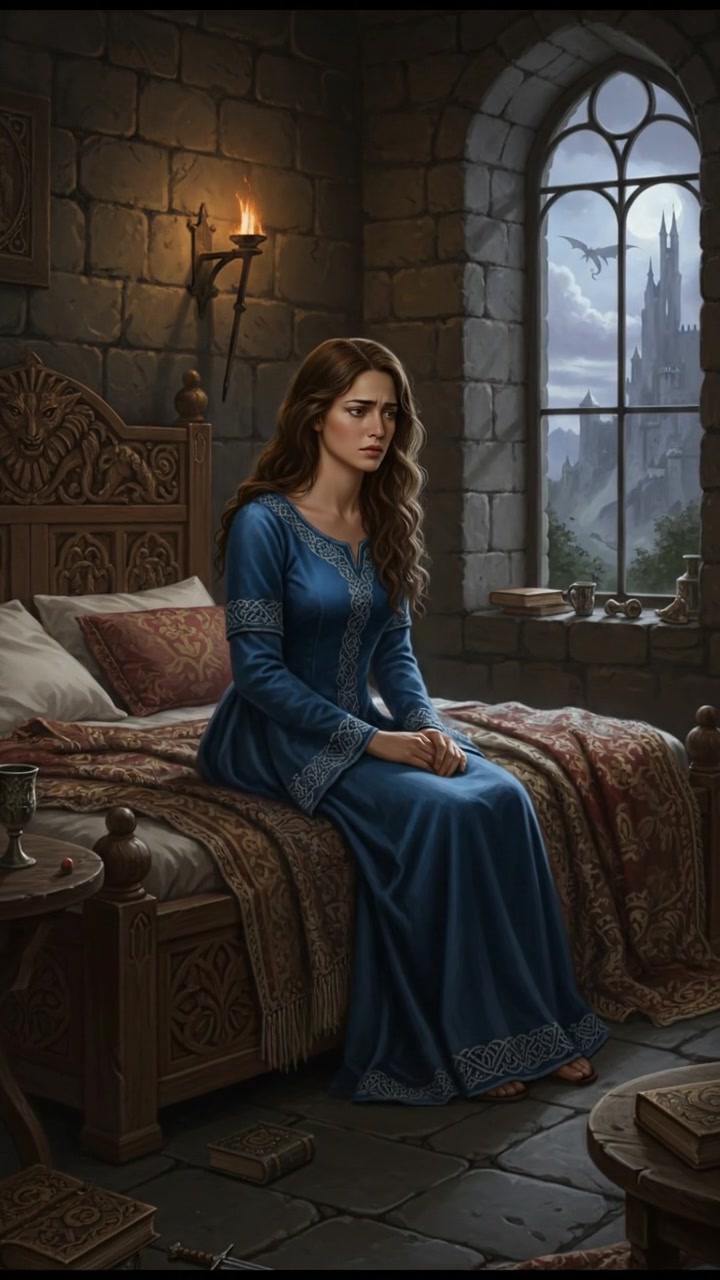 Maya sitting cross-legged on her bed, looking worried in a silent, dimly lit bedroom.