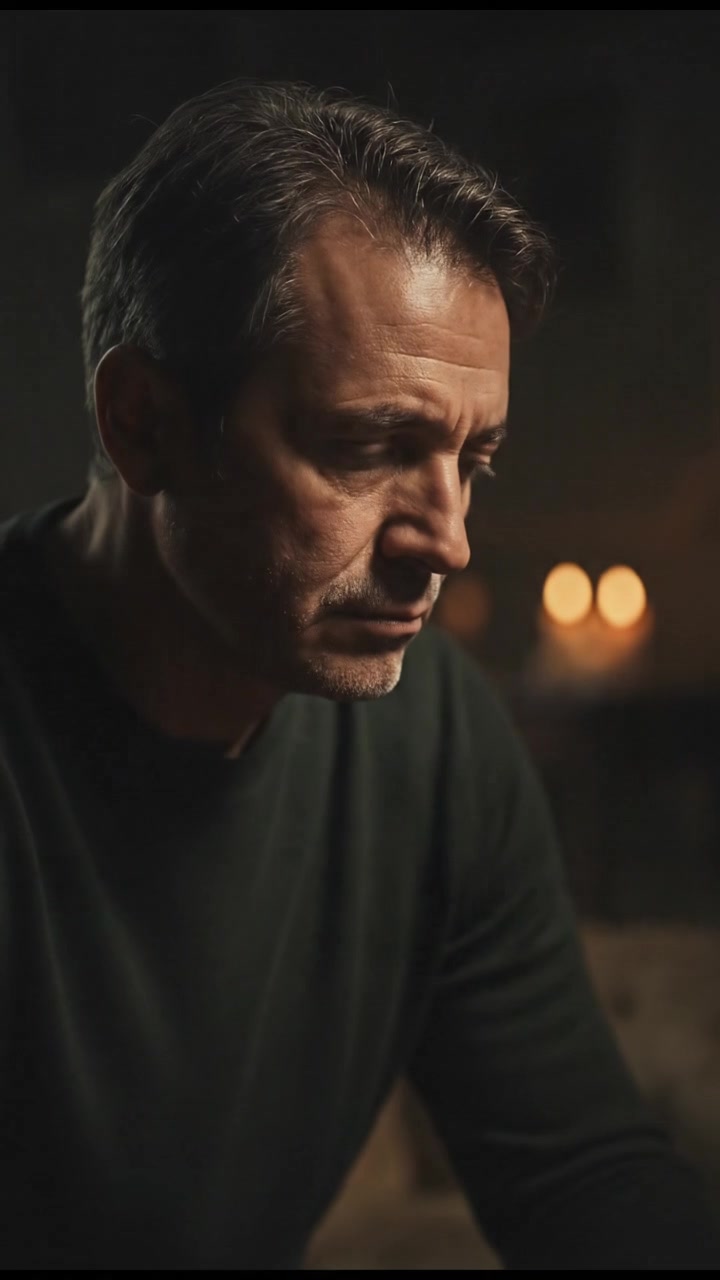 A dimly lit living room with Omar sitting alone on a sofa, looking tense.