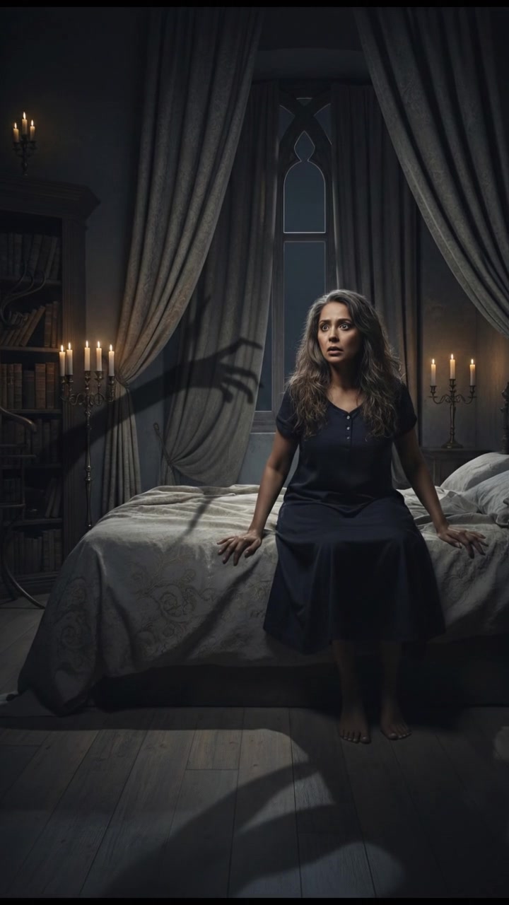 Asha sitting on her bed at night, surprised as shadows stretch across her room.