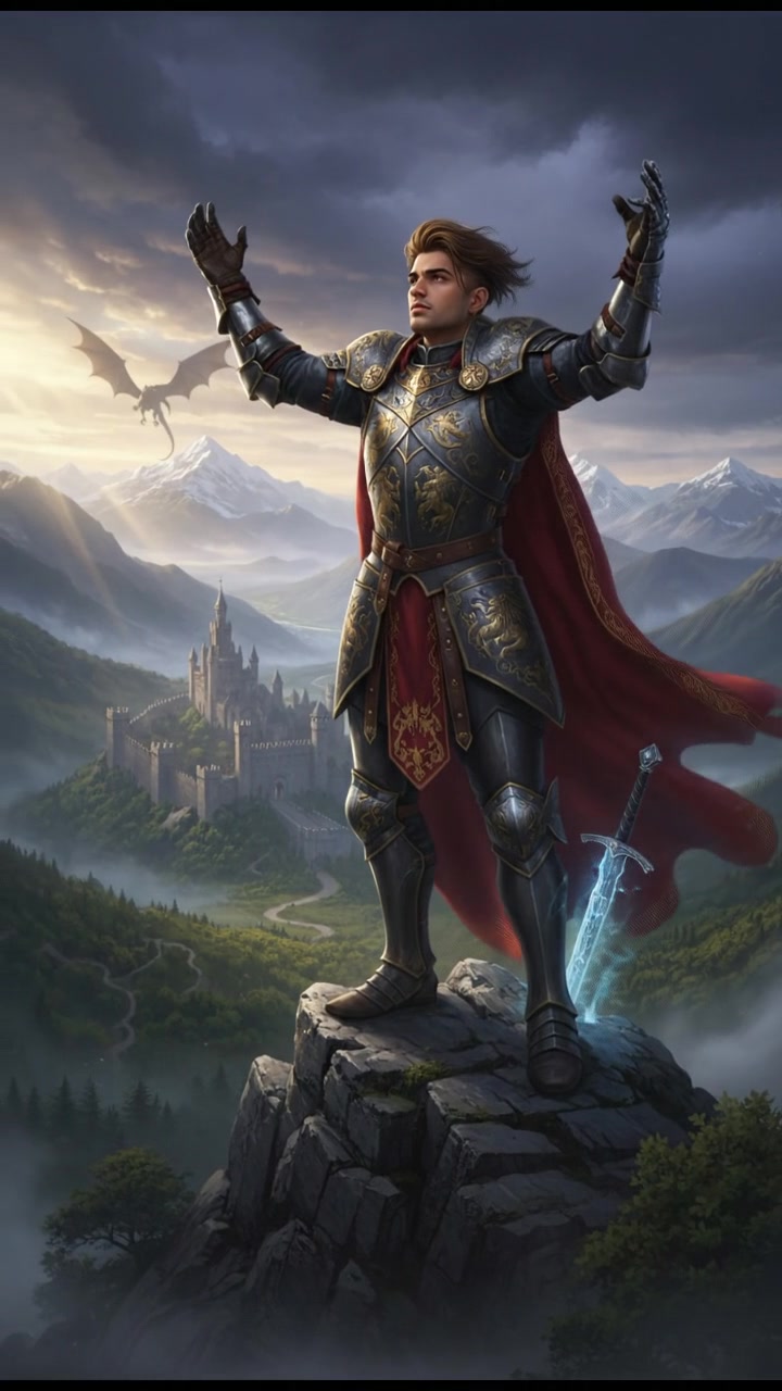 Arjun standing atop a mountain peak, triumphantly raising his arms to the sky.