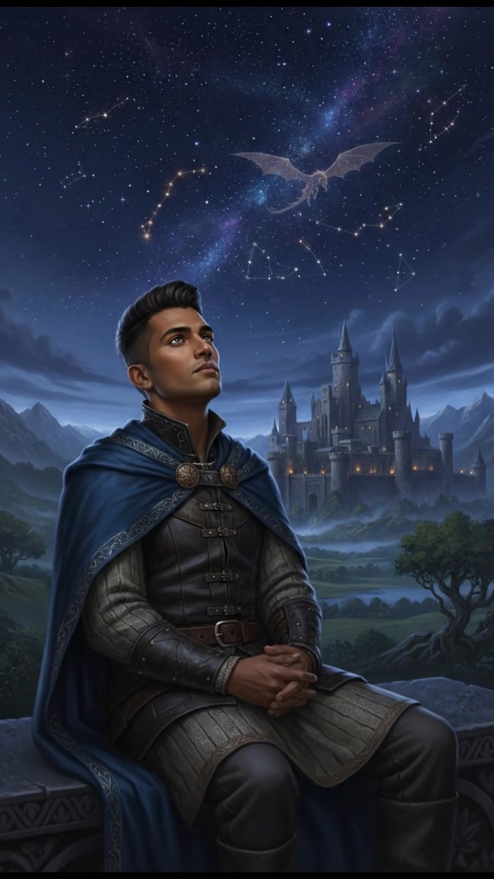 Arjun sitting on a bench, gazing up at the starry sky lost in thought.