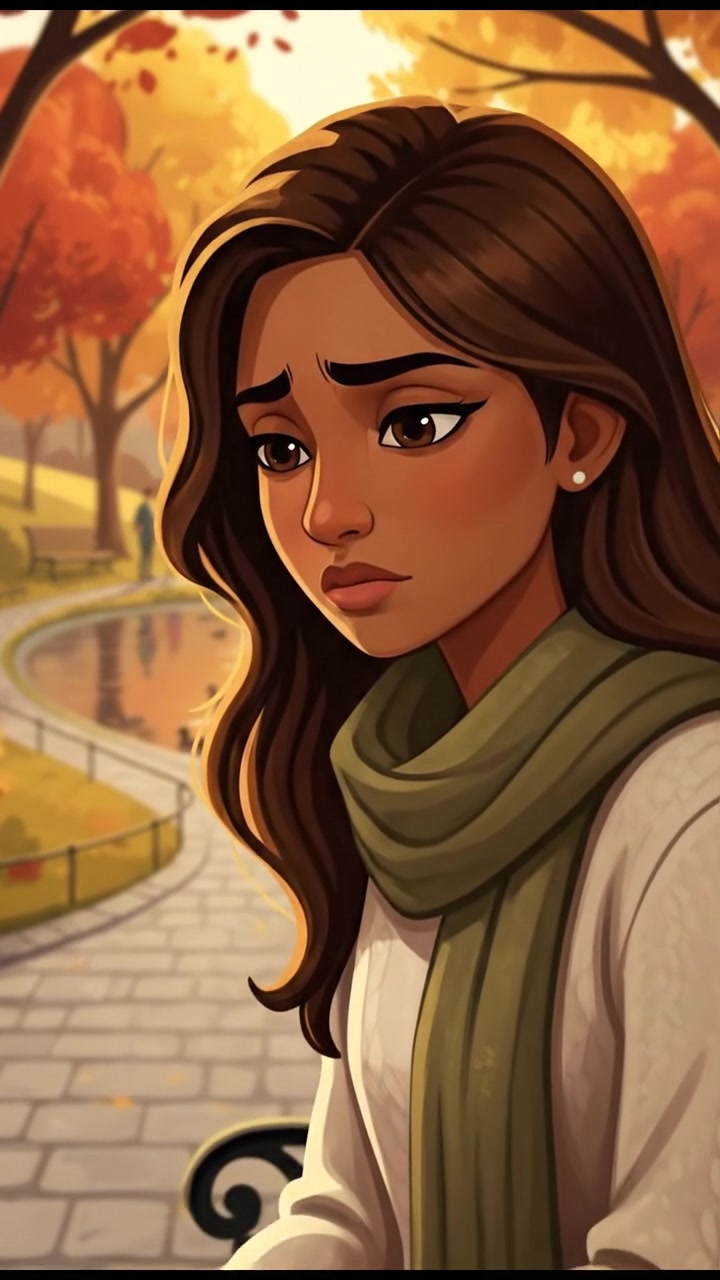 A serene park scene with Priya sitting on a bench, an expression of contemplation on her face.