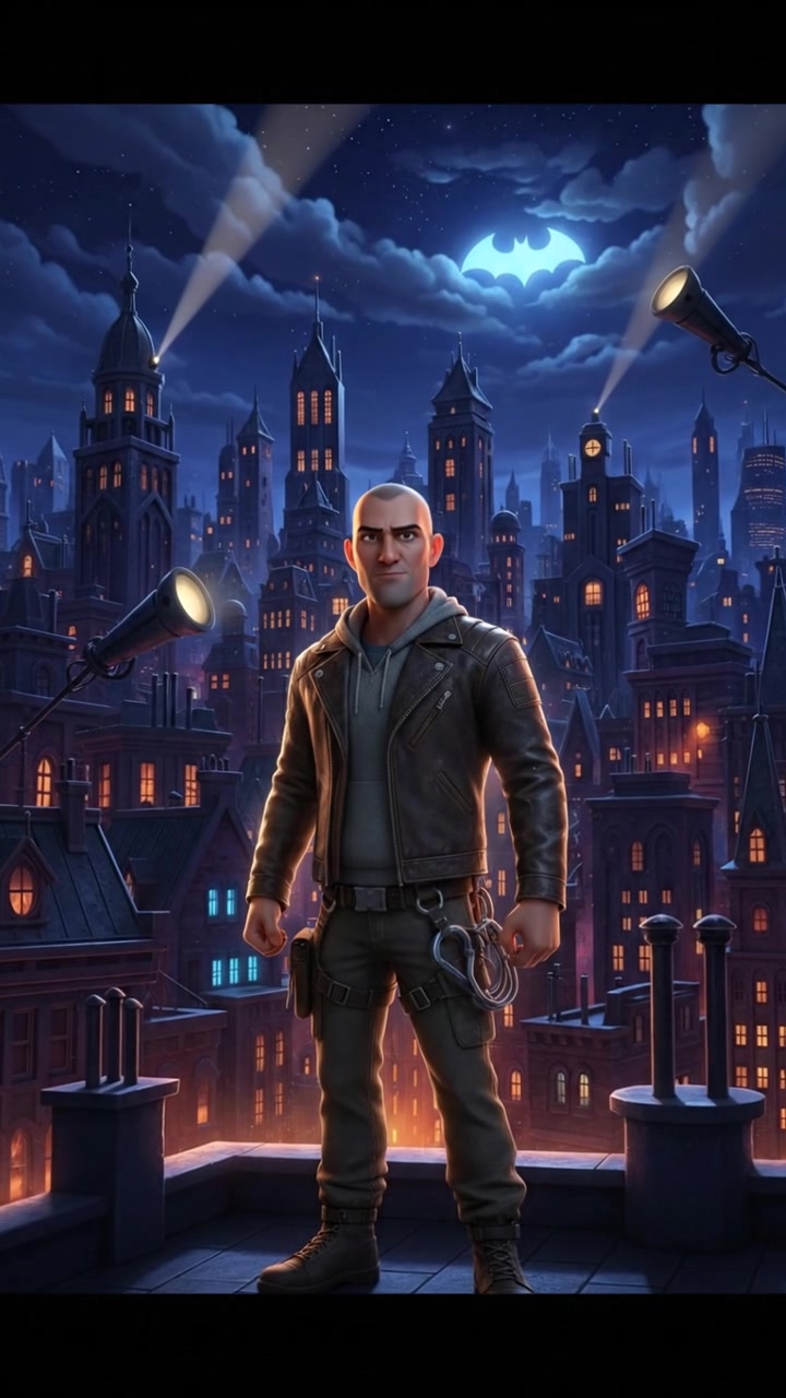 Carlos stands on a rooftop in Gotham City, looking out over the dark skyline with a determined expression.
