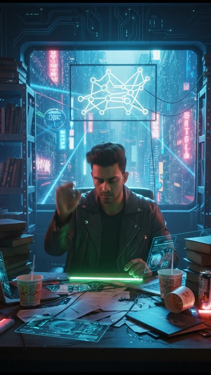 Arjun, sitting at a desk in a cluttered room, surrounded by textbooks and papers, looking determined.