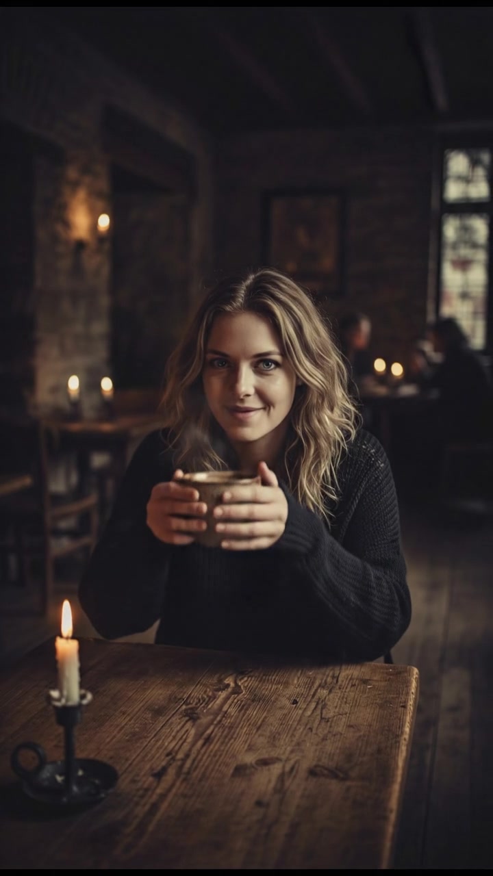 Ashley, sitting at a wooden table in a cozy café, smiles while holding a cup of coffee.