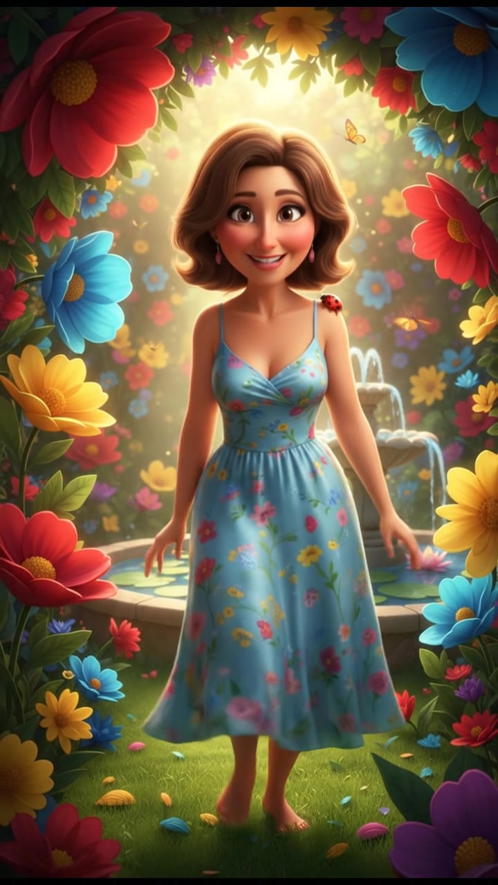 Susan smiling warmly in a sunny garden, surrounded by blooming flowers.