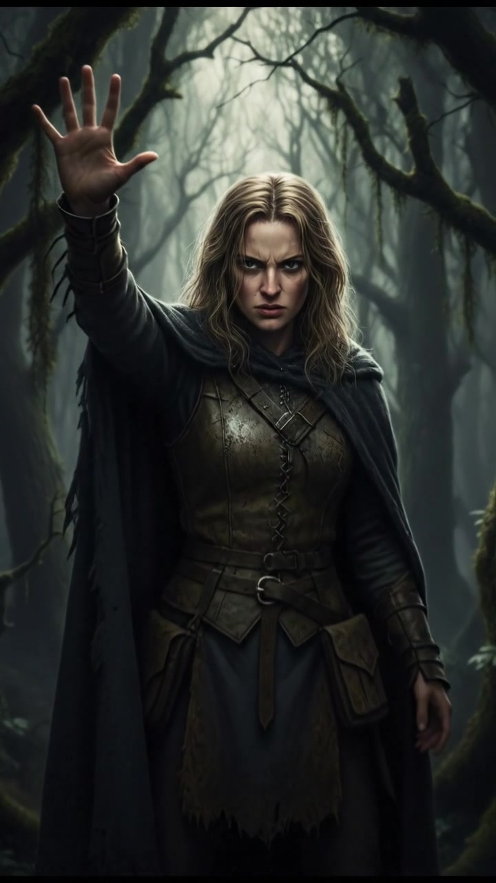 Ashley, determined with a fierce expression, stands in a dense forest, raising a hand defiantly.