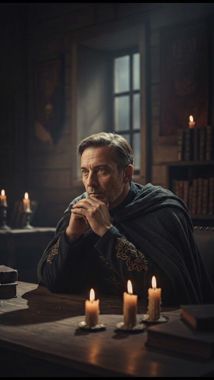 Omar sitting at a wooden desk in a dimly lit room, looking contemplative.