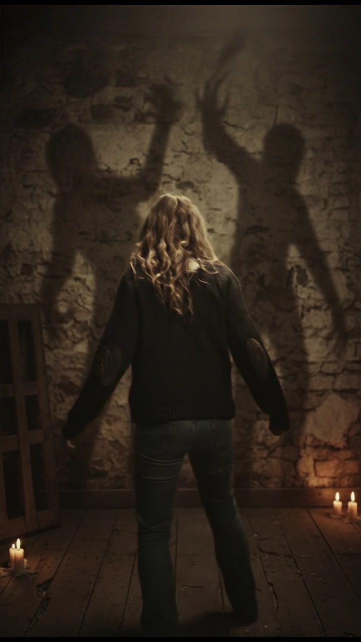 Ashley standing in a dimly lit room, turning around, with shadows looming behind her and no one in sight.