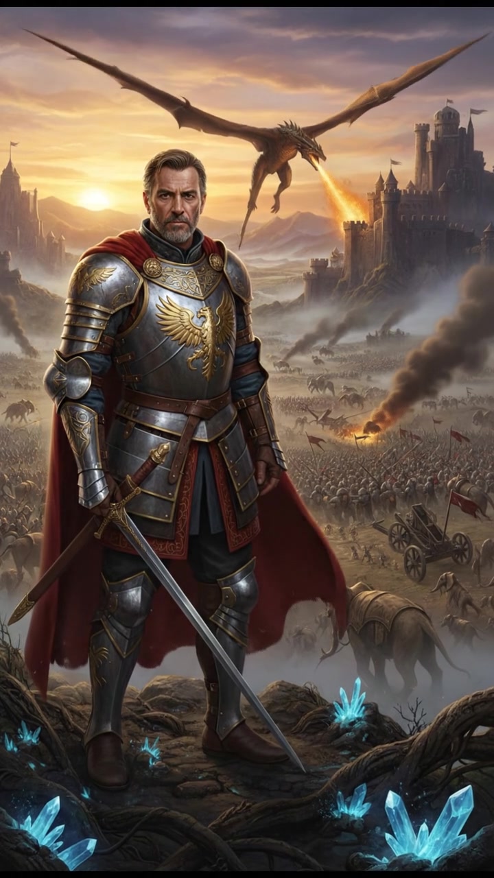 Omar, dressed in armor, stands on a hilltop overlooking the battlefield at dawn.