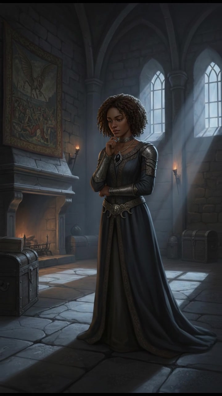 Nia stands alone in a dimly lit room, looking thoughtful, with shadows casting across the walls.