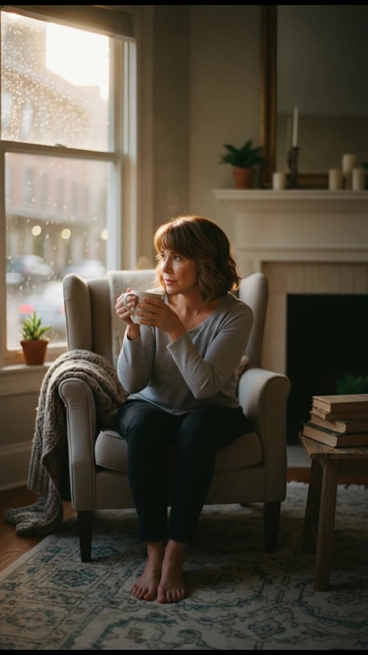 A cozy living room with Susan sitting peacefully by the window, looking thoughtful with a warm cup of tea.