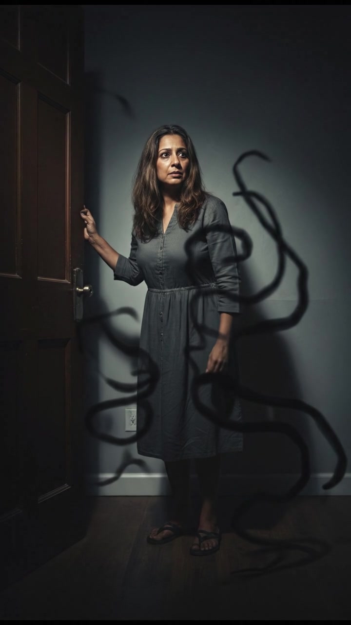 Asha nervously standing by the door, shadows creeping around her.