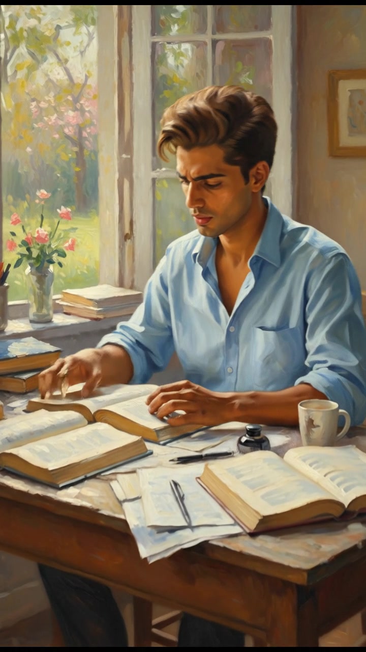 Arjun sitting at a wooden desk, studying with books spread around, a focused expression on his face.