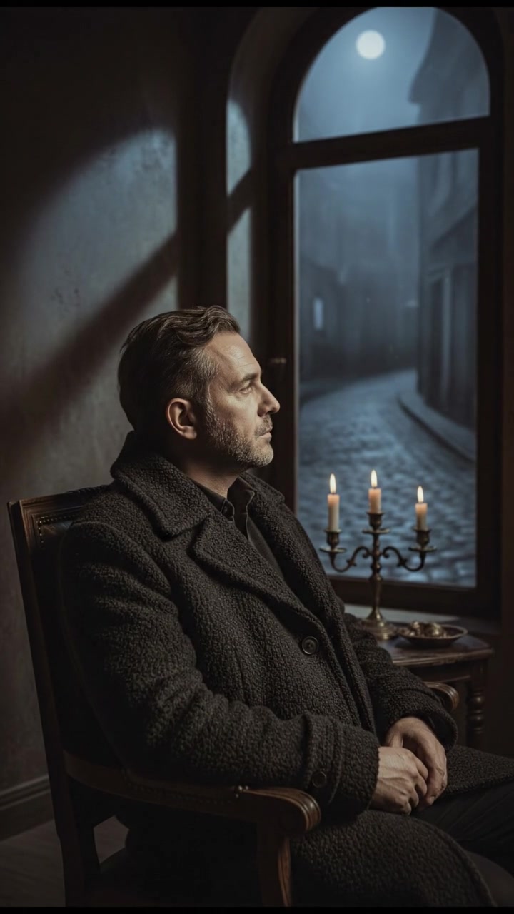 Omar sitting next to a window, gazing out at the street with a thoughtful expression.