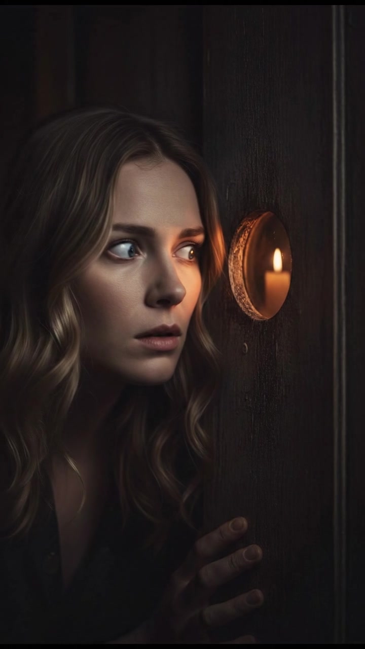 A medium shot of Ashley, eyes wide in surprise, as she peers through the peephole in the door.
