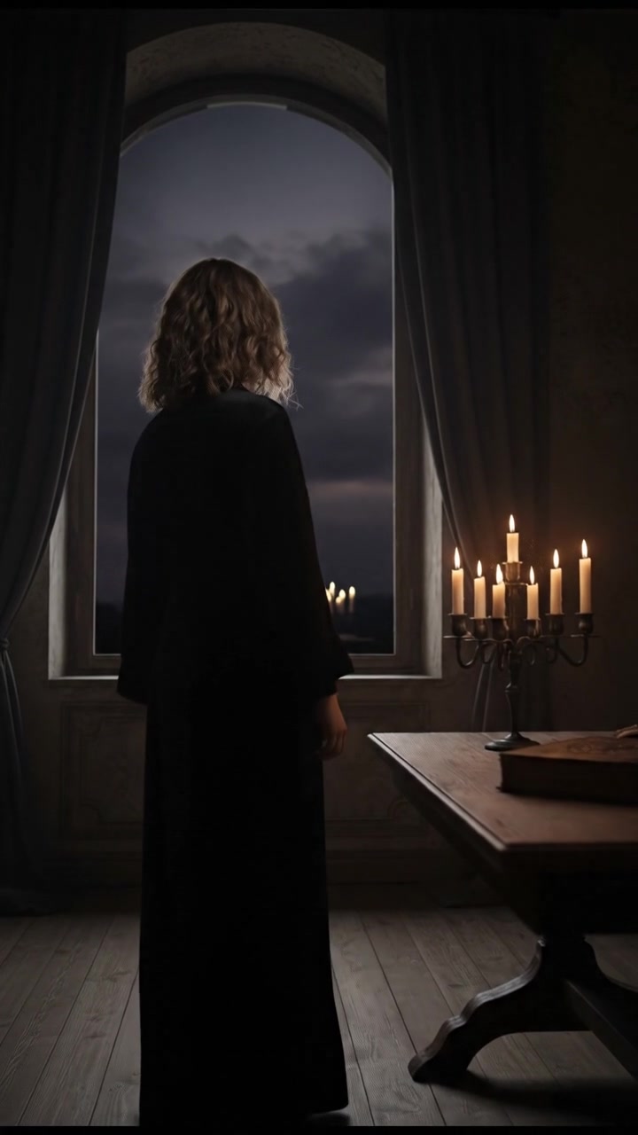 Ashley stands in her living room, looking out a window at the dark evening sky.