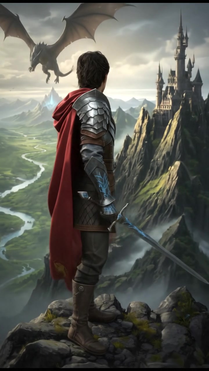 A young man standing on a mountain peak, looking determined, with a vast landscape behind him.