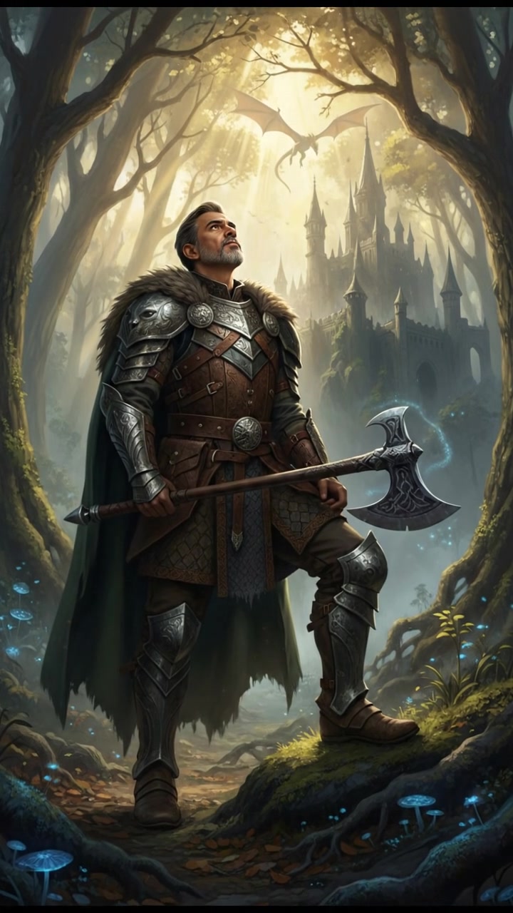 The Raj standing confidently in a sunlit forest, holding an axe and looking up at the trees.