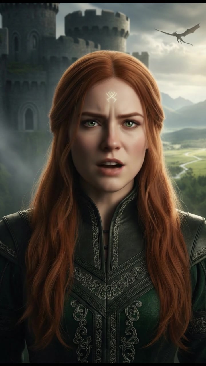 Close-up of Emma's face, speaking firmly with her green eyes focused and intense.