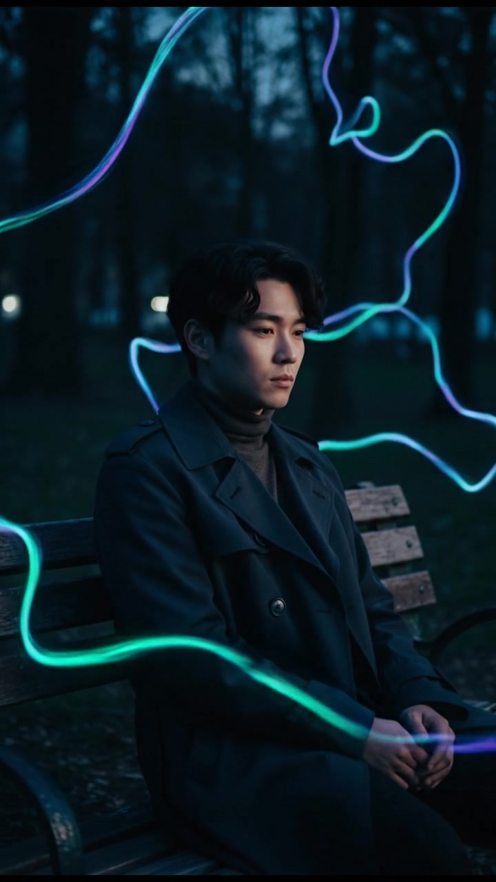 Ken sitting on a park bench, looking contemplative and lost.