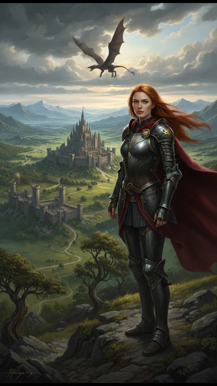 Emma, standing tall on a hill, overlooking her land with determined expression.