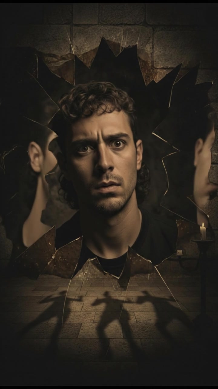 Close-up of The Mateo's face, confusion deepening as he reacts to the strange distortions in the mirror.