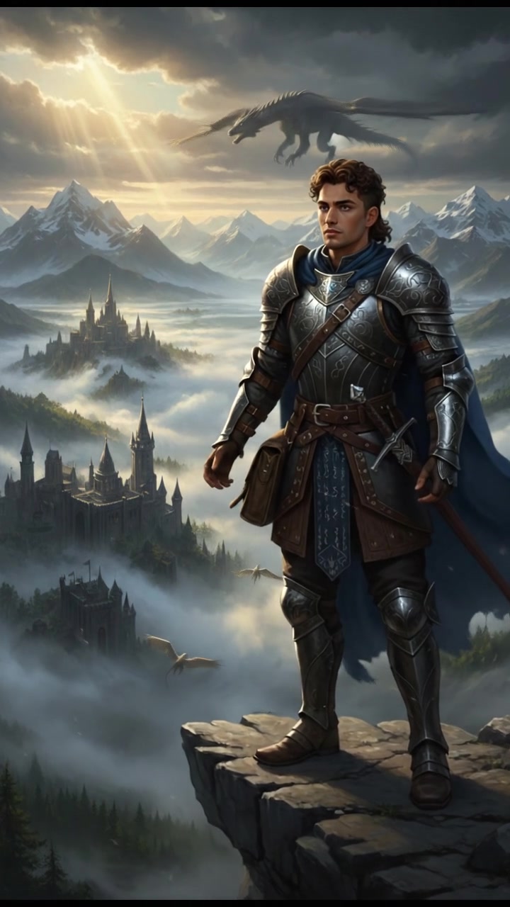 Mateo as a hero who stands on a cliff’s edge overlooking a vast, mist-covered kingdom. Sunlight breaks through the clouds. Epic journey begins.