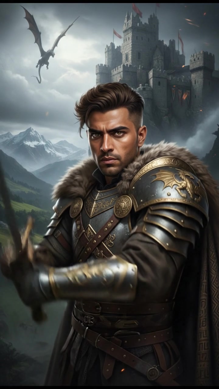 A close-up of Arjun, prepared for battle, wearing traditional warrior armor, with a determined expression.