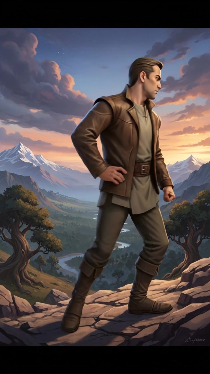 Omar standing on a rocky hillside, looking out over a valley with a determined expression.