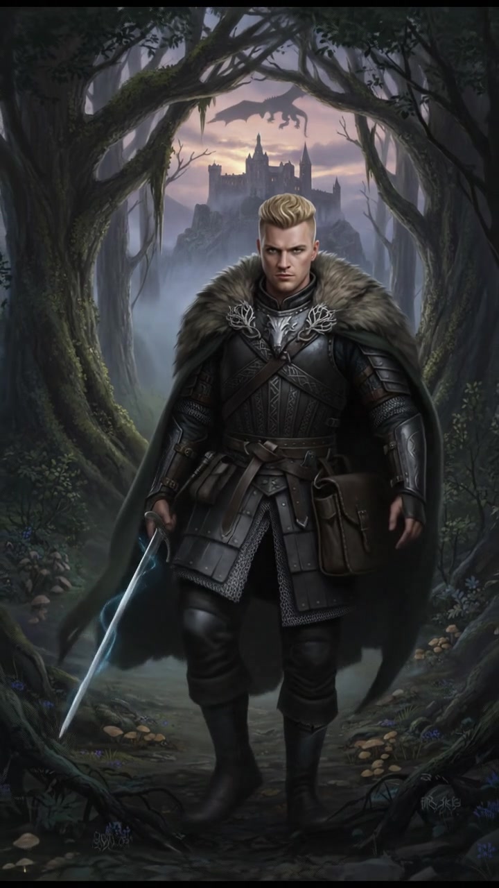 Ryan focused and prepared, standing at the edge of a forest, trees framing the scene behind him.