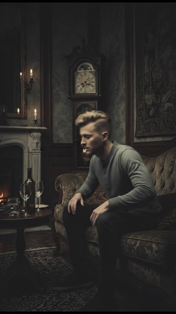 Ryan sitting on a couch in a dimly lit living room, looking uneasy and alone.