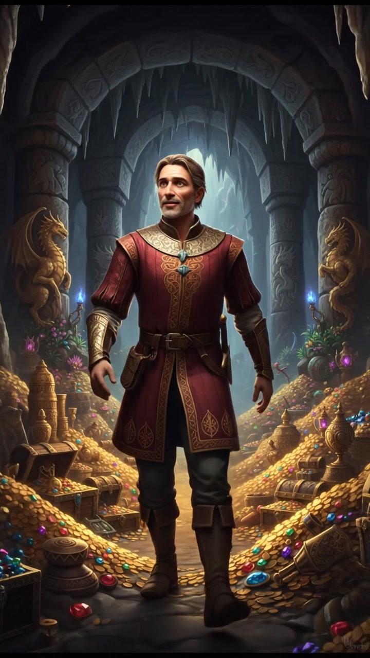 Inside the cave, Omar looking around, amazed by piles of gold and jewels.