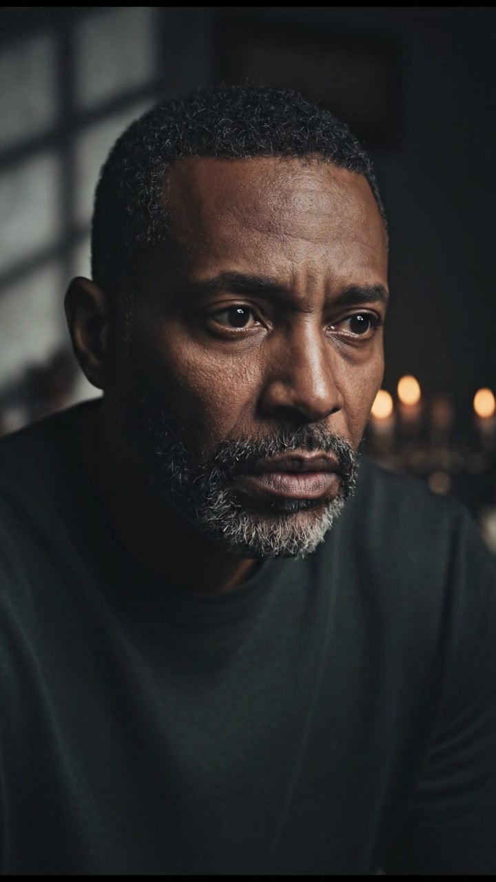 Kwame sitting on the edge of his bed, looking worried in a dimly lit bedroom.